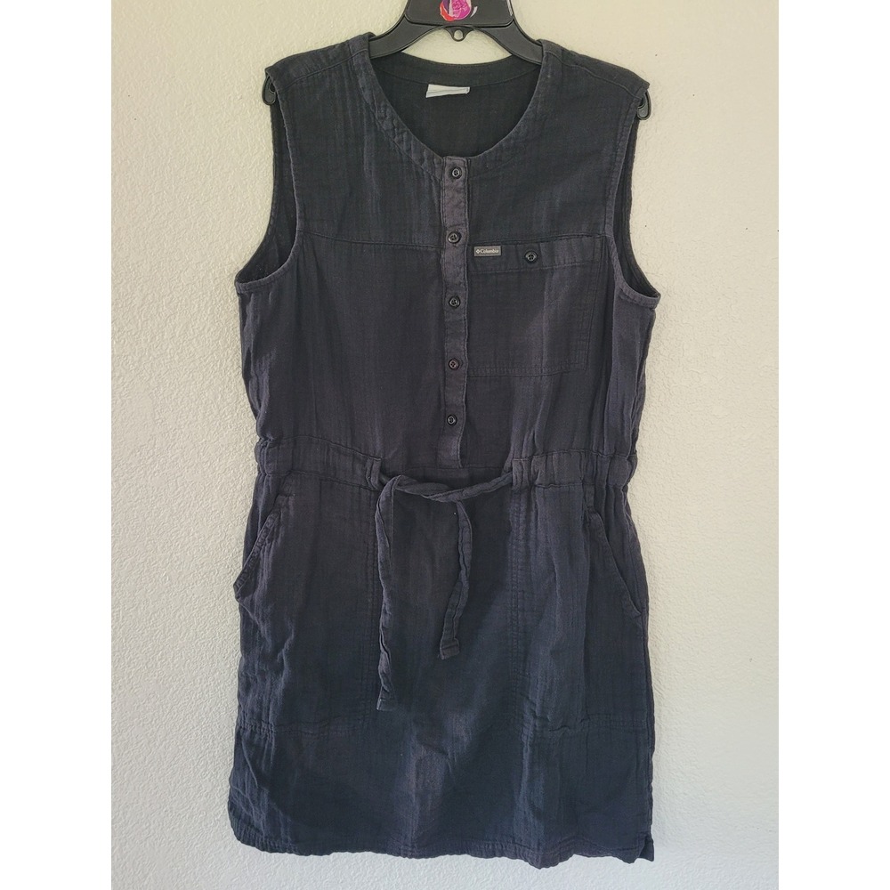 Columbia Womens Sleeveless Button Down Dress Black M‎ Cinched Waist Pockets #20